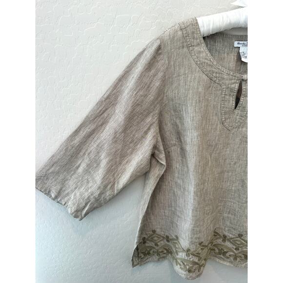ALEXANDRA BARTLETT Woman Linen Blouse Beige Embroidered Hem Tunic Top | Size 1X - Picture 3 of 7
